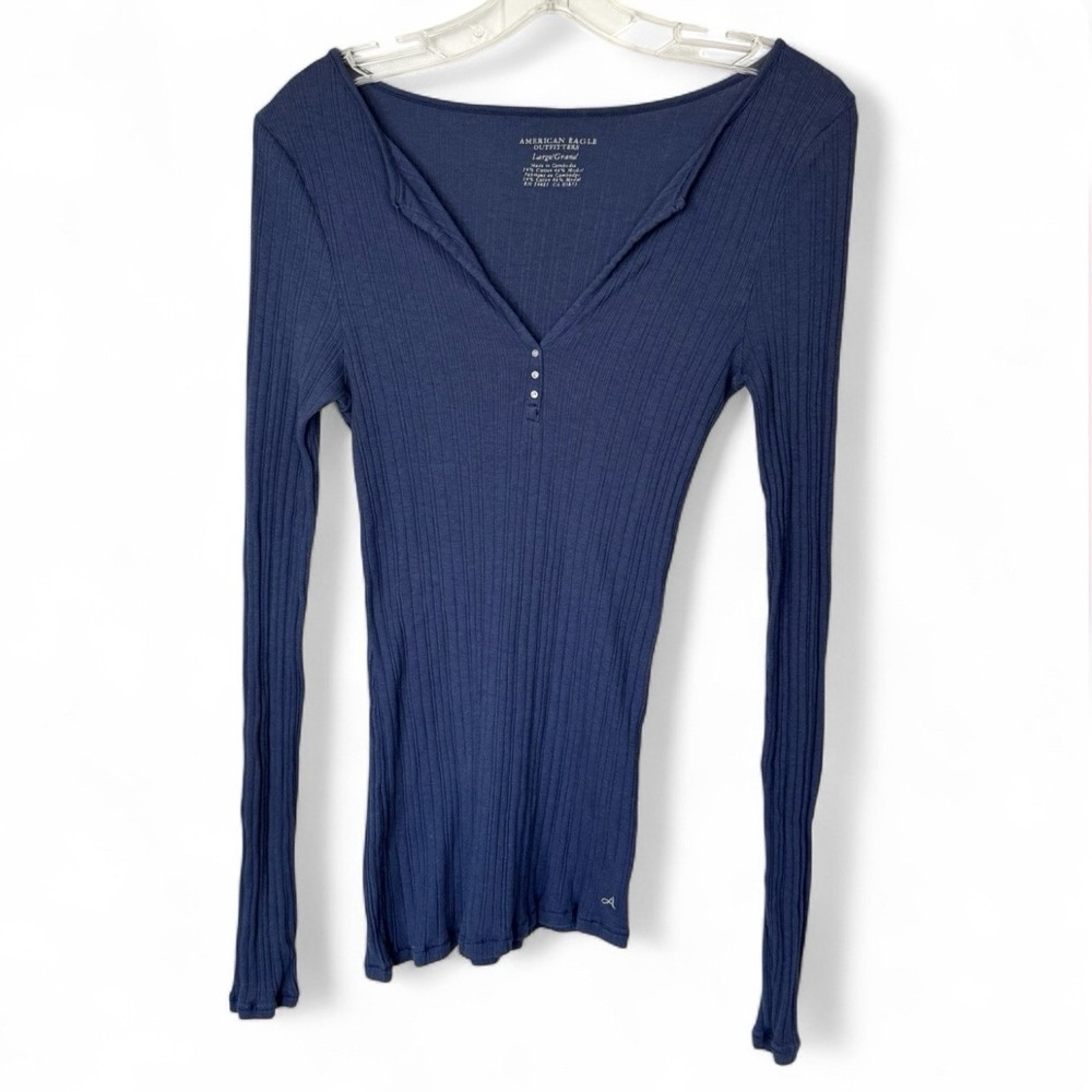 Y2K American Eagle Ribbed Henley Top Blue Bella Swan Fitted Womens L Long Sleeve